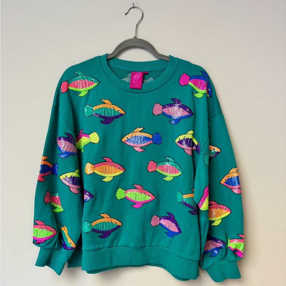 NWOT QUEEN OF SPARKLES MULTI NEON FISH Sweatshirt